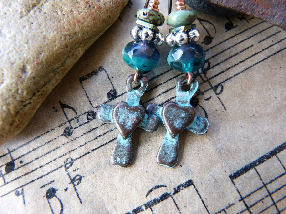 Green Patina Crosses with Hearts, $16/pair
