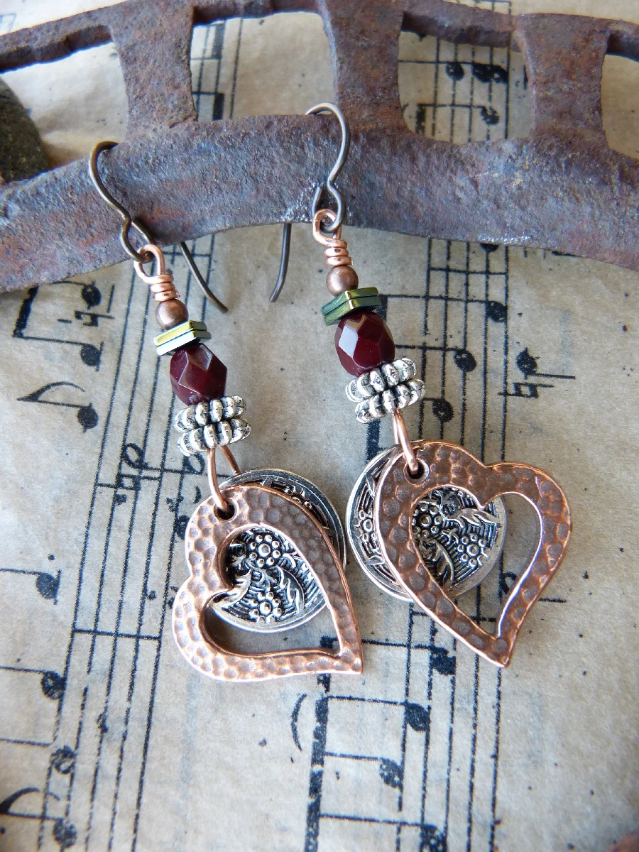 Smashed Button and Copper Heart Charm Earrings, $20