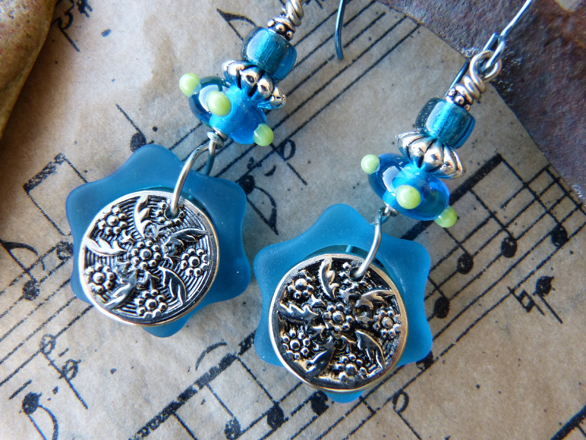 Recycled Glass Flower with Vintage Smashed Metal Button, $24