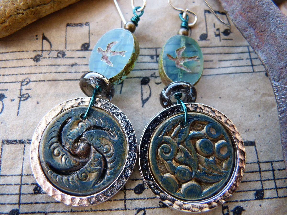 Gilded and Smashed Vintage Button Earrings with Czech Glass, $28