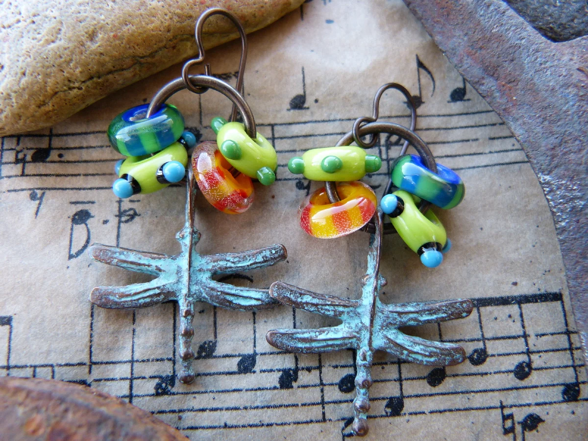 Copper Patina Dragonflies and Lampwork Glass Bead Hoop Earrings, $36