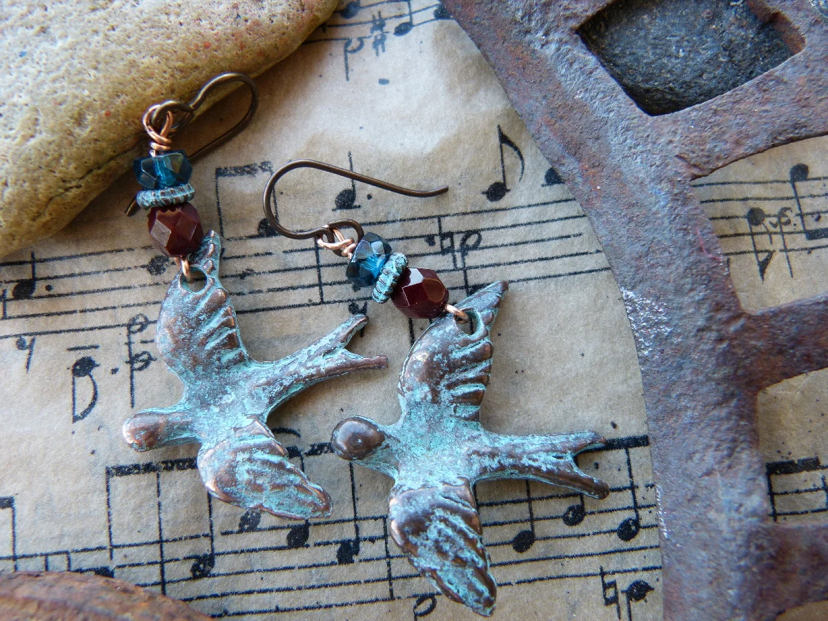 Green Patina Flying Bird Earrings