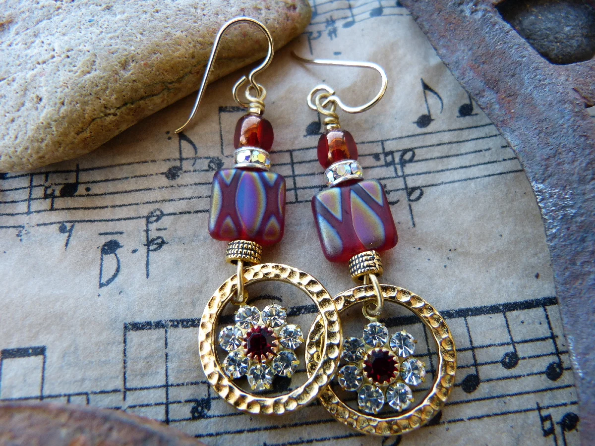 Austrian Crystal, Hammered Ring and Czech Glass Bead Earrings, $28/pair