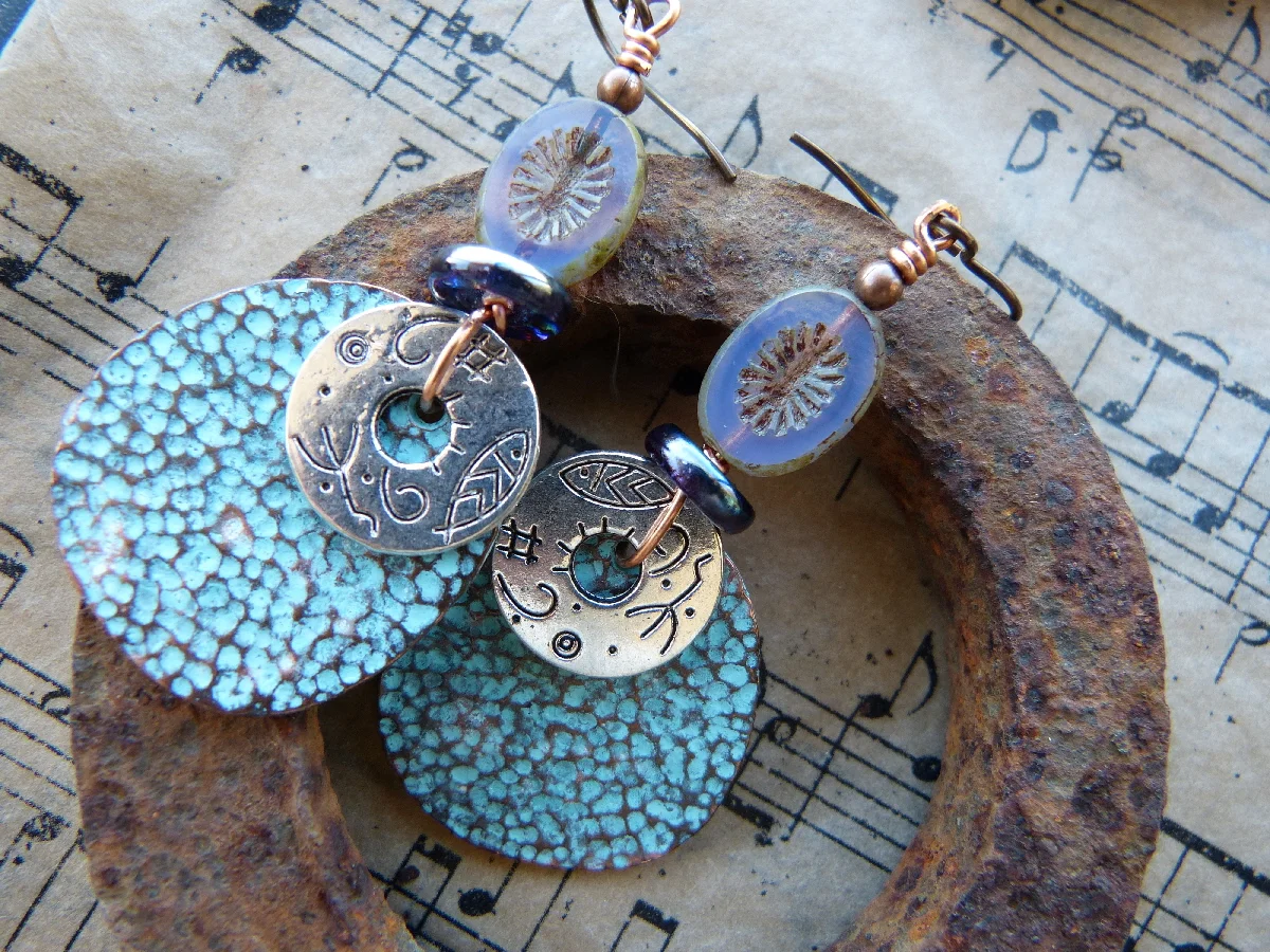 Large Hammered Green Patina Disc Earrings with Silver and Glass Accents, $24/pair