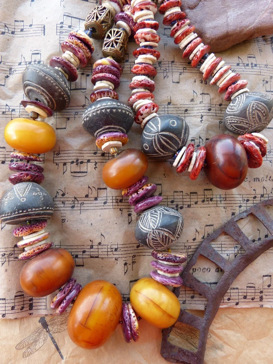 Two Necklaces with Vintage Amber Resin Beads, Clay Whorls, and Spiny Oyster Shell