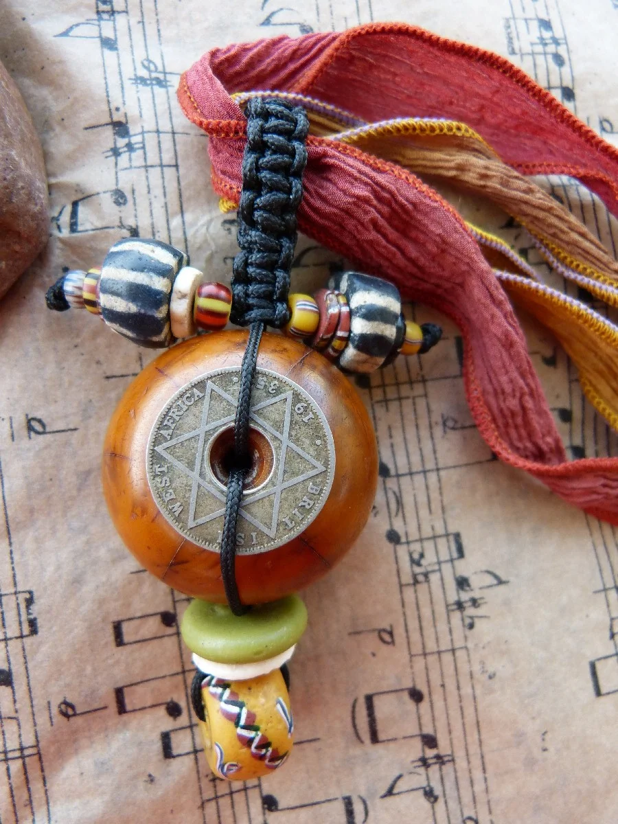 Amber and Old Coin Pendant on Silk Ribbon