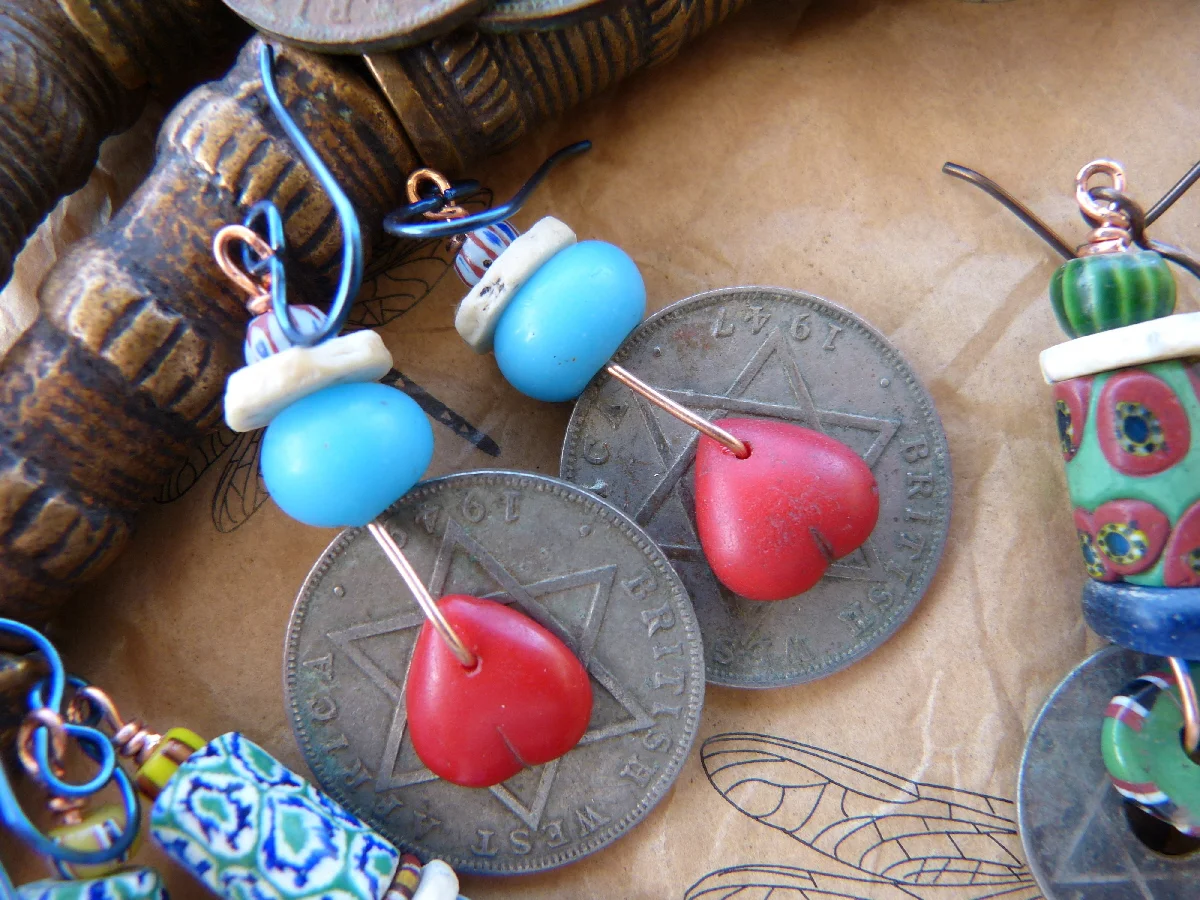 Old African Coin Earrings with Ostrich Egg Shell and Italian Glass Bead Accents