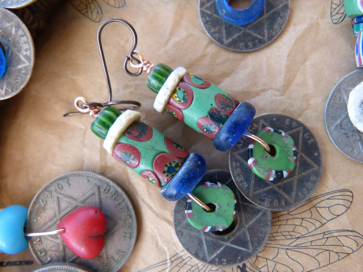 Green Millefiori Trade Bead Earrings with Vintage African Coins