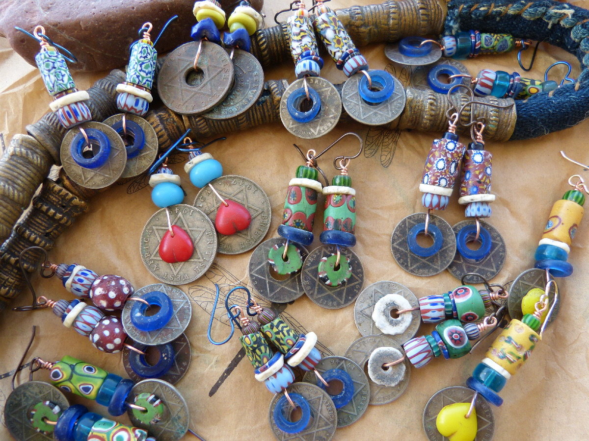 Assorted African Trade Bead Earrings and Old Coins, $36/pair