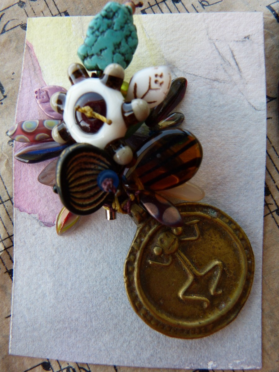 brass Monkey Pendant, Lampwork, Turquoise and Glass Macrame Pin, $28