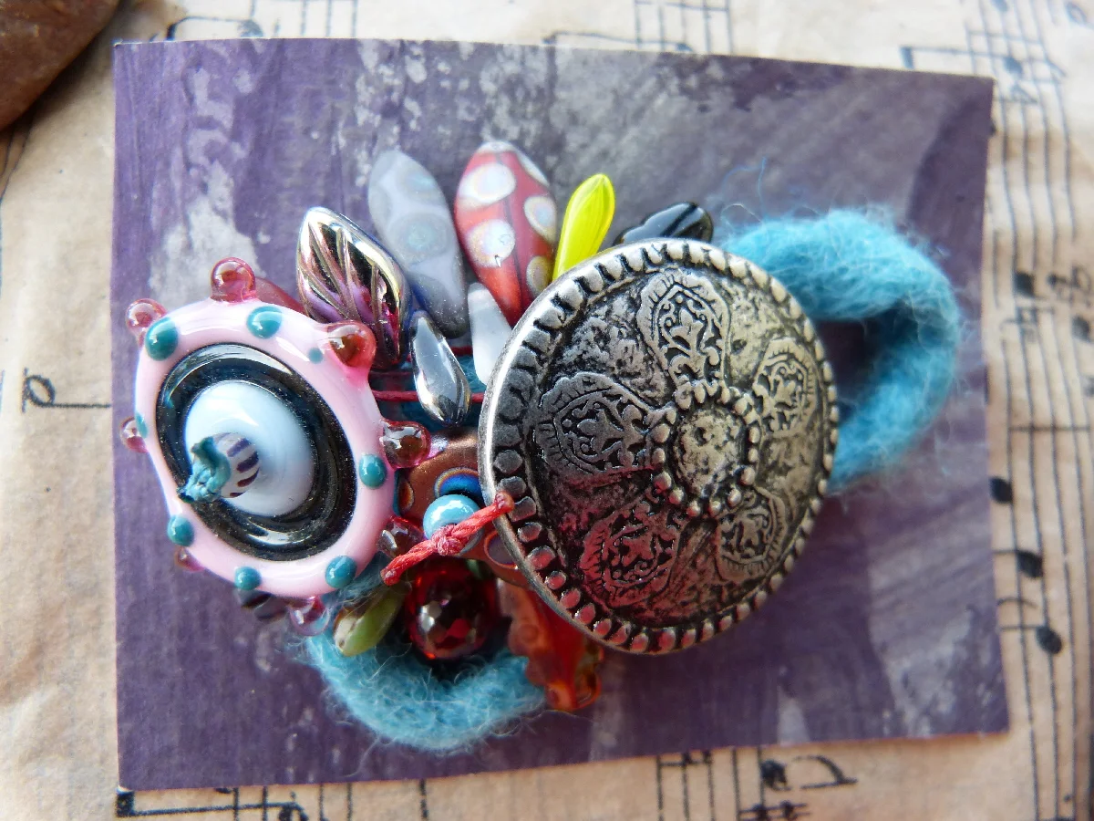 Large Silver Button, Lampwork Glass, Felt, and Czech Glass Macrame Pin, $28
