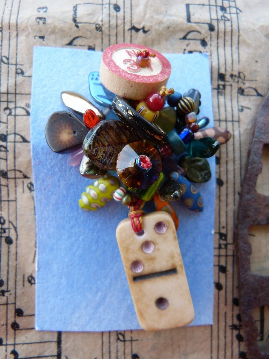 Bingo Token, Domino, and Glass Bead Macrame Pin, $28