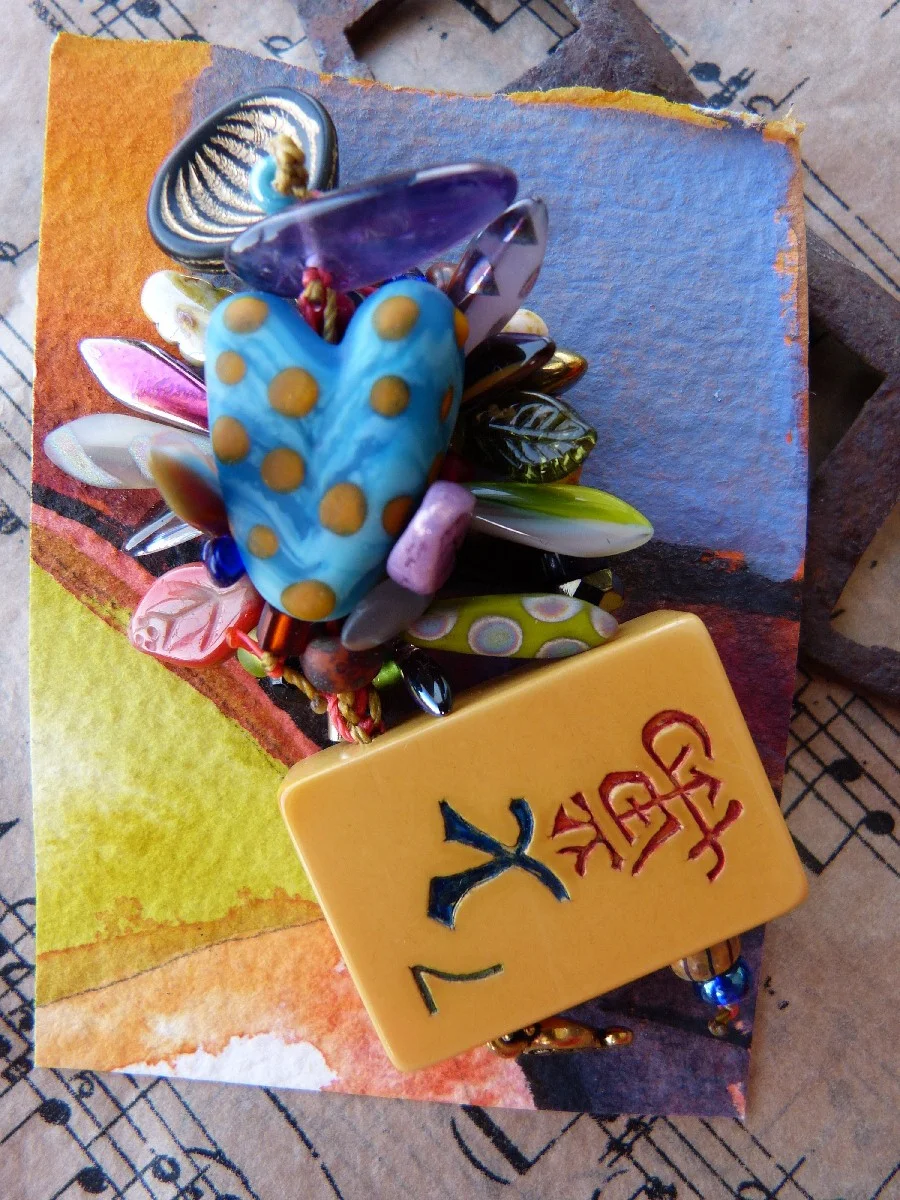 Vintage Mahjong Tile, Lampwork Heart, Amethyst and Glass Macrame Pin, $28