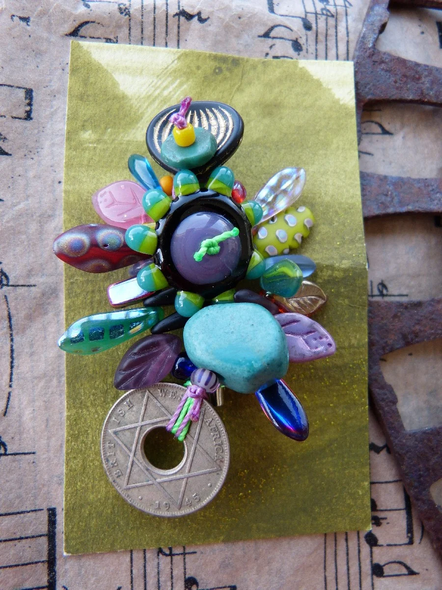 Old Coin, Turquoise, and Glass Dagger Macrame Pin