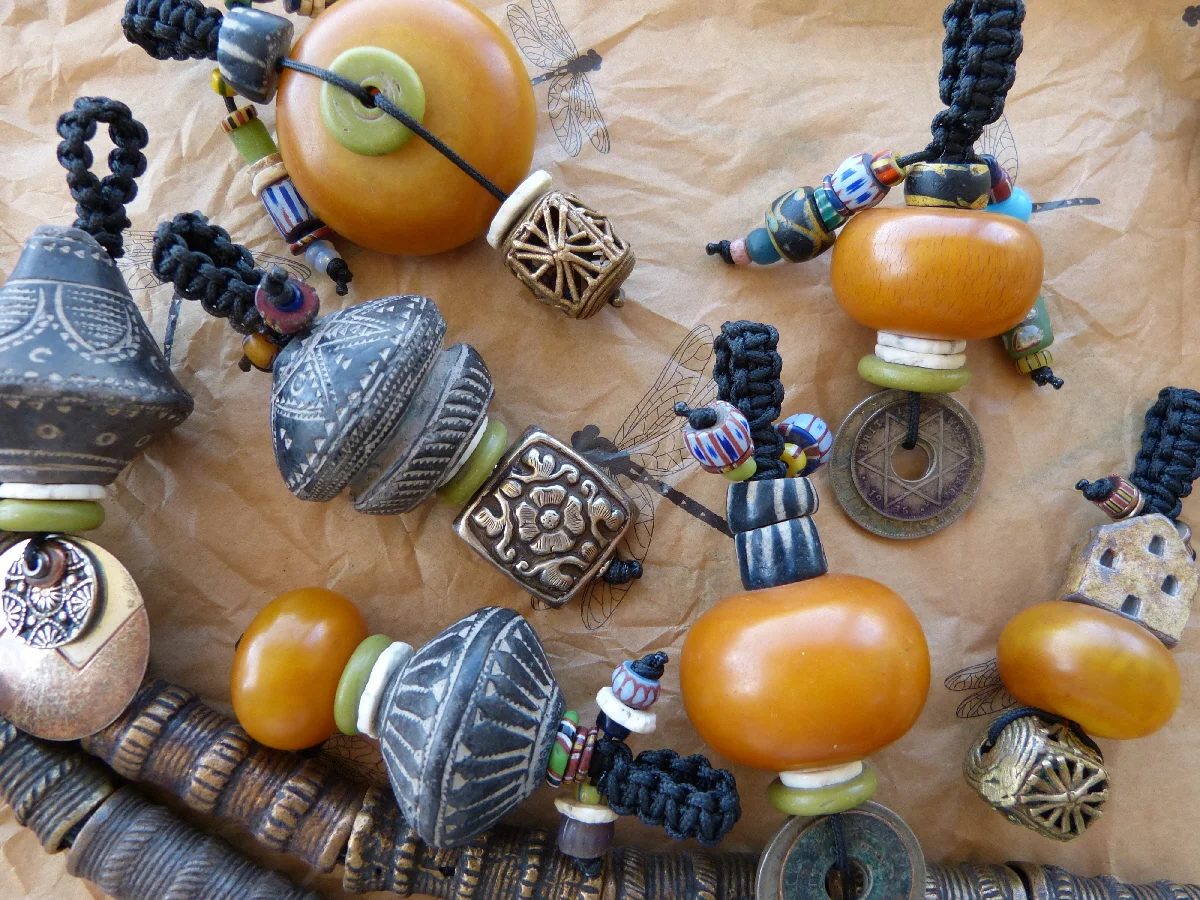 Ivory Coast Amber, Whorl Beads and Metal Pendants