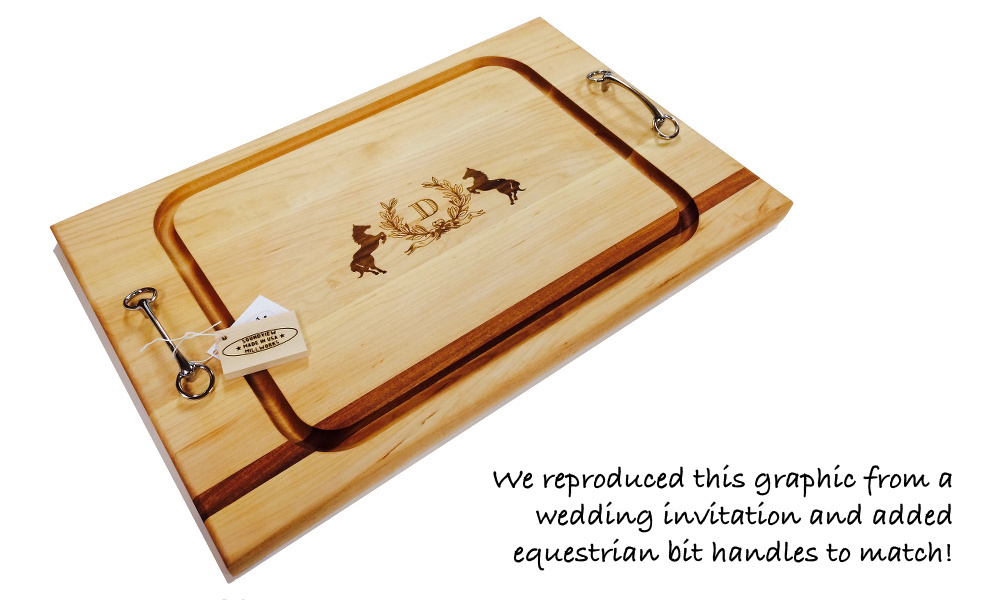 Personalized engraved cutting board with horse logo and equestrian bit handles