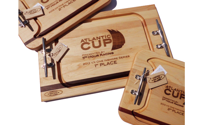 Three custom engraved cutting board sailing trophies for atlantic cup