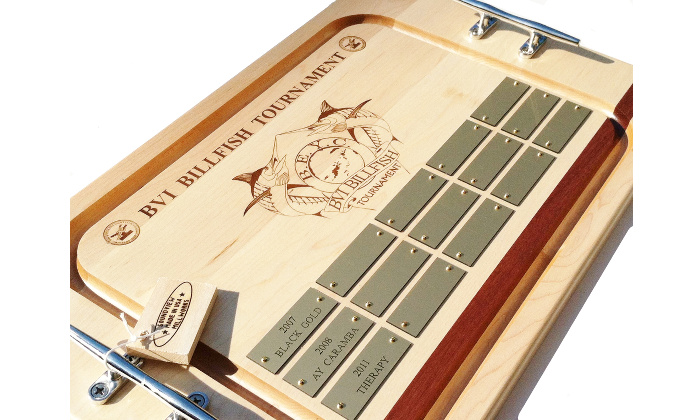 Unique custom engraved cutting board with trophy name plates for bvi billfish tournament