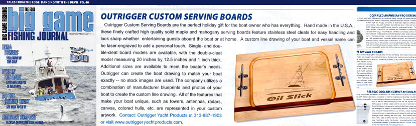 Article from big game fishing journal featuring custom serving boards made by Soundview Millworks