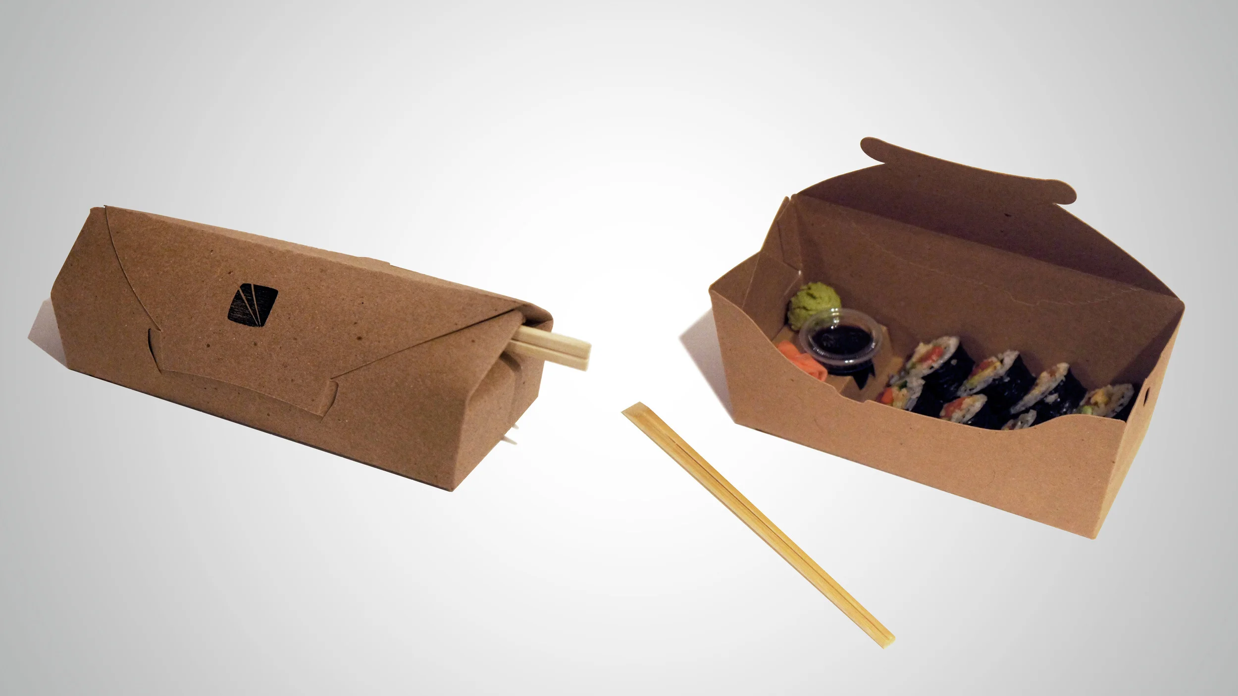 Resealable lid. Internal chopstick storage. Pop-up tray secures soy sauce and elevates wasabi and ginger.