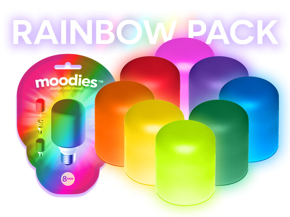 Moodies Rainbow 8 Pack comes with heat-safe silicone covers in Purple, Red, Pink, Orange, Yellow, Lime Green, Green and Blue.