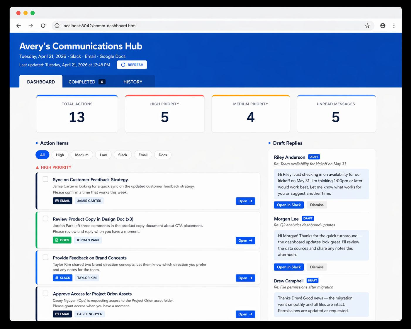 Browser view of the Communications Dashboard Skill with action items sorted by priority, unread email and priority summary cards, and drafted replies generated from the last 24 hours of communications.