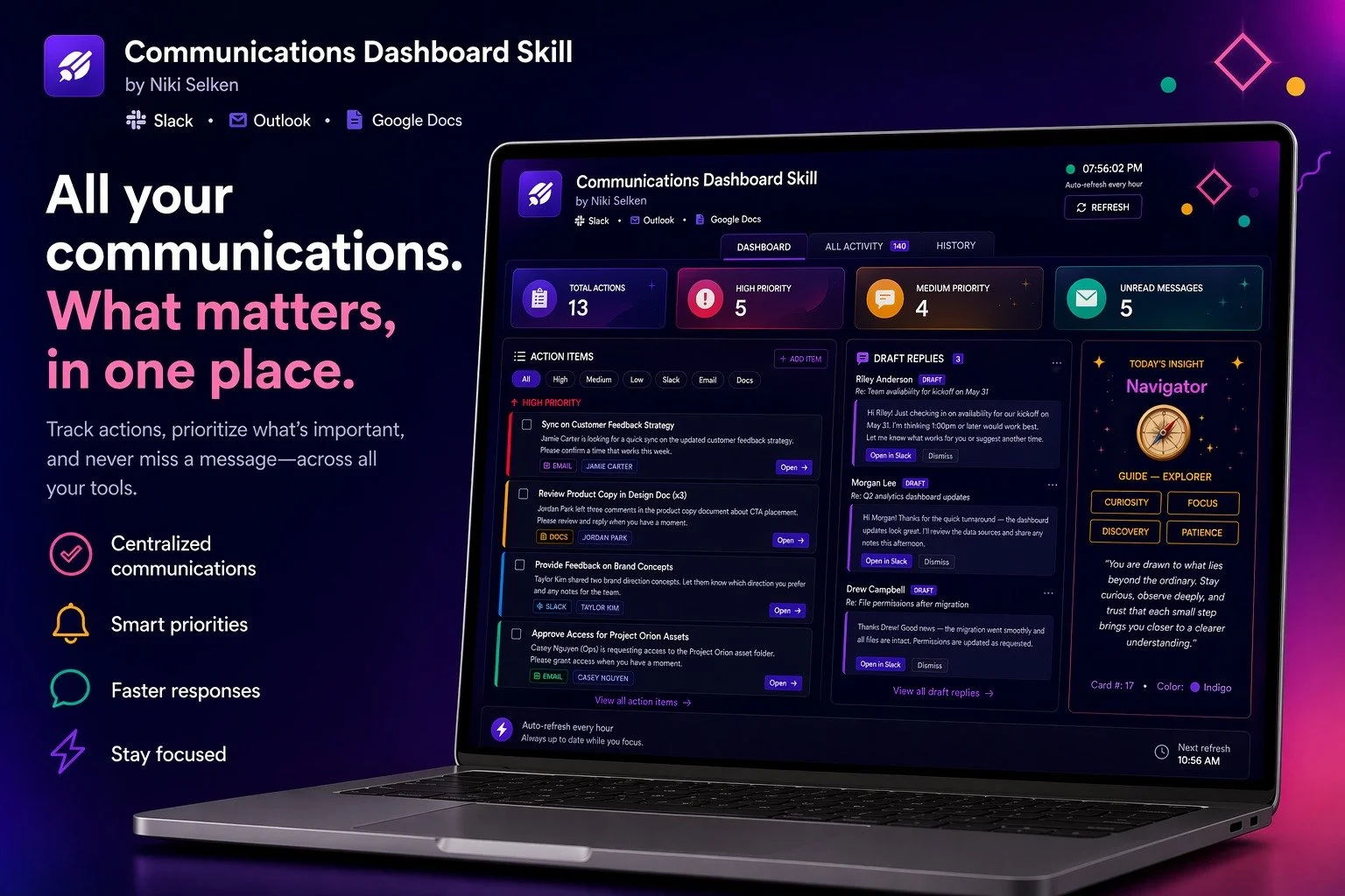built an AI skill for Claude that reads your slack, email + google docs and turns them into one dashboard so you actually know what needs your attention today 🗂️

it comes in two flavors:

&rarr; clean &amp; professional (for focus mode)
&rarr; bold