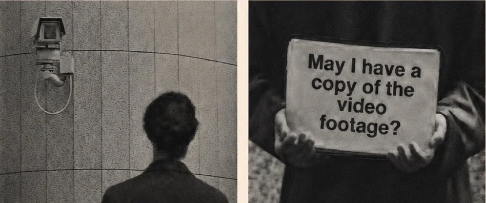 Two black-and-white video stills: a person faces a wall-mounted surveillance camera, and hands hold a sign asking, “May I have a copy of the video footage?”