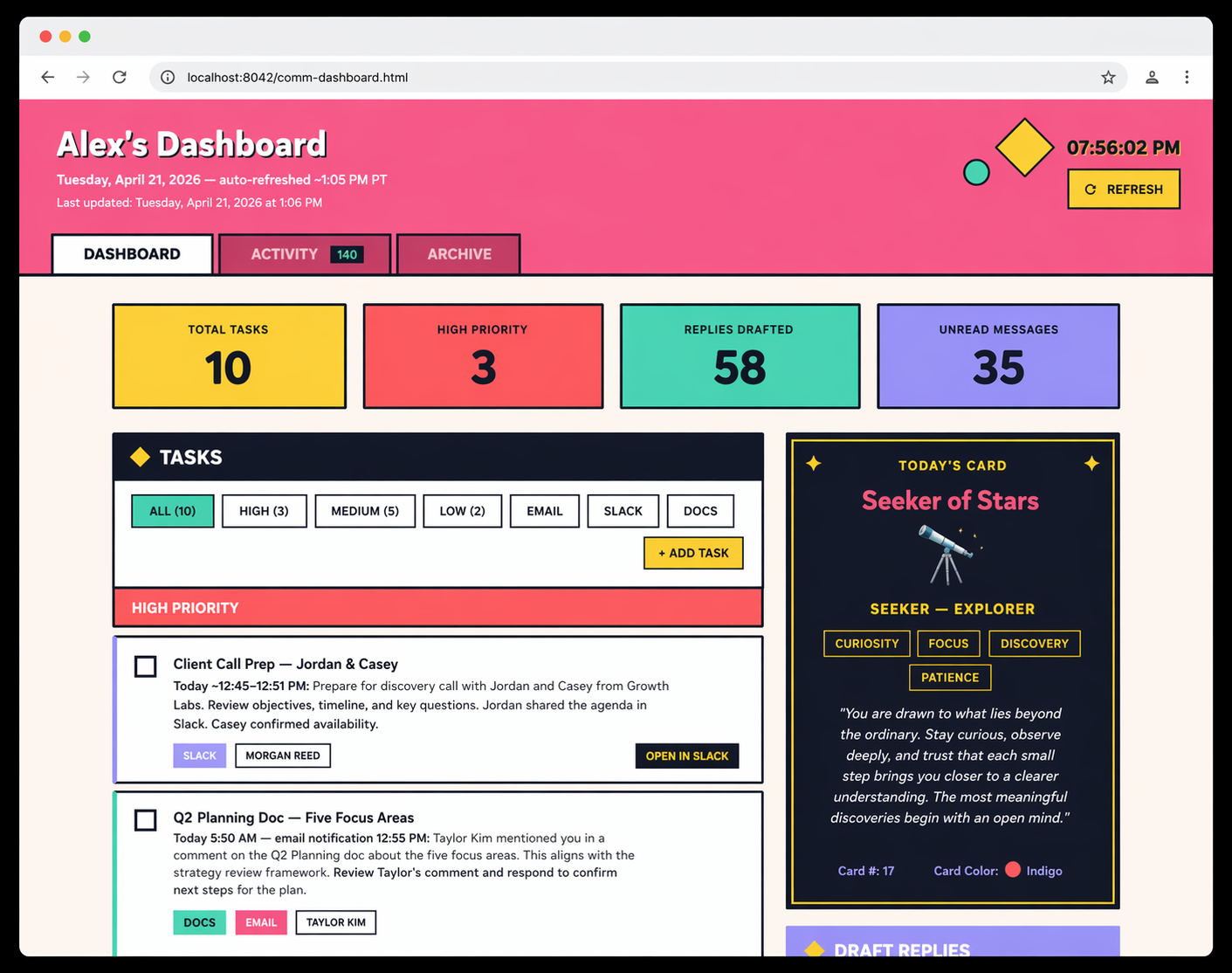 Colorful browser-based Communications Dashboard Skill showing prioritized messages, active docs, response counts, and a tarot insight card alongside daily communication tasks.