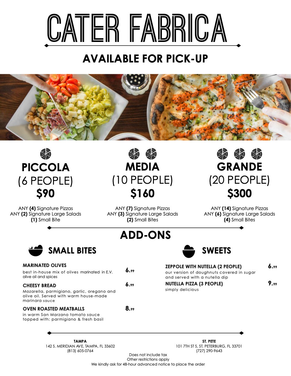 CATERING — Fabrica Woodfired Pizza