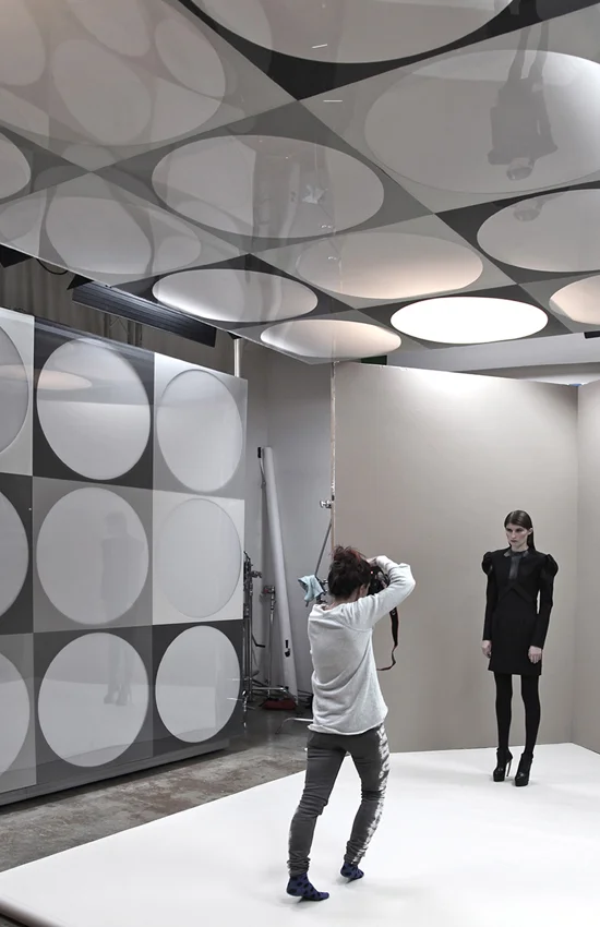 Claudia Goetzelmann working on set in the Blue Sky LightGrid for designer Camelia Skikos.