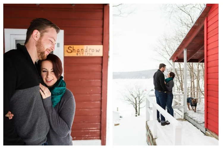 lake dunmore engagement at a snowy cabin