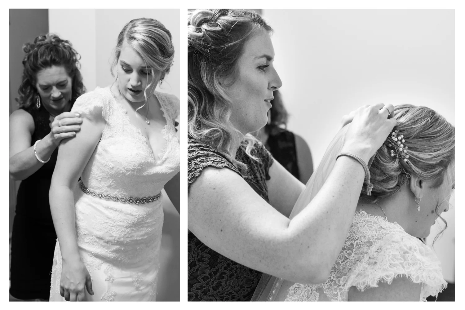 bride getting ready with mother and sister