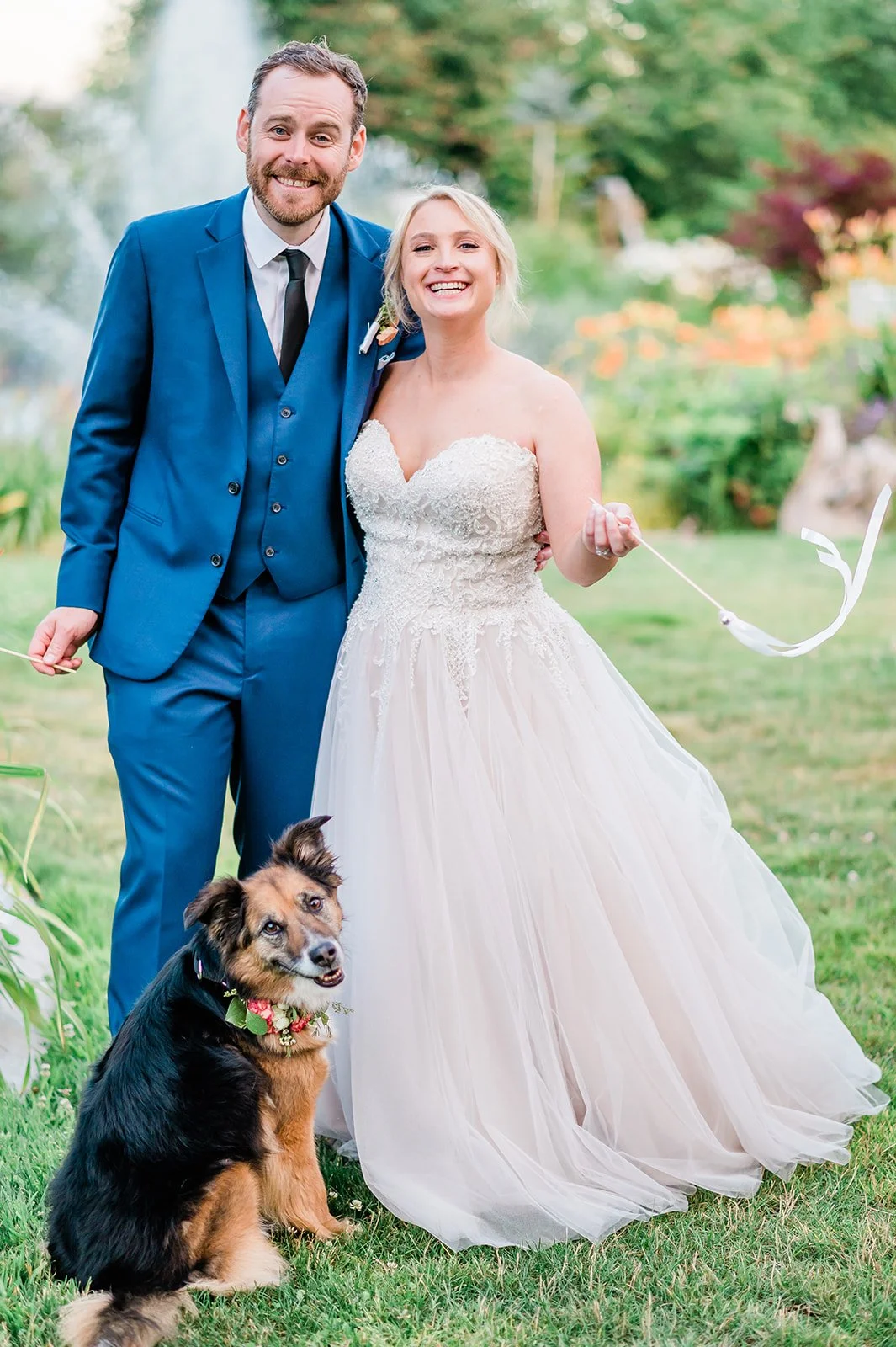 couple with their dog getting married at the carey gardens