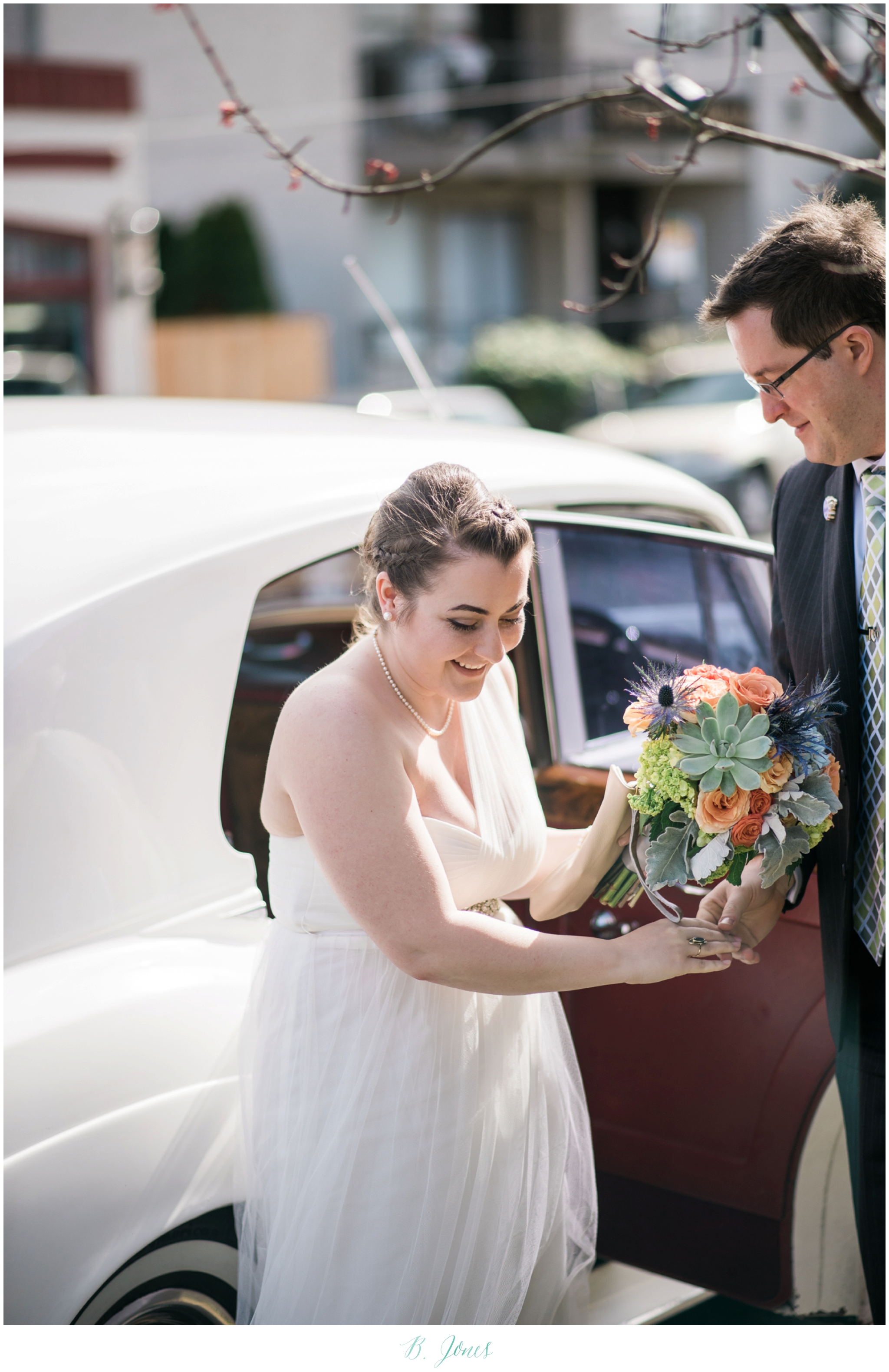 Seattle Ferry Wedding. Piccolino Reception. Seattle Wedding Photographer B. Jones Photography. World Spice Market. Pikes Place Market. Vintage Rolls Royce