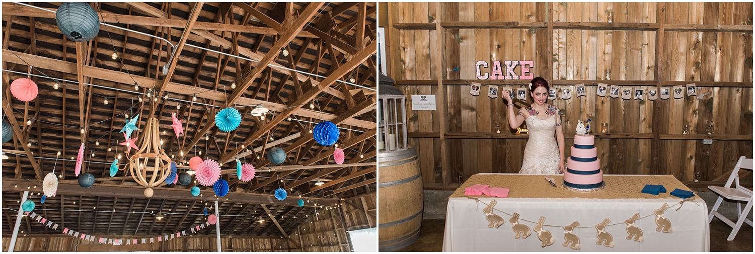 Maplehurst farm wedding. Snohomish WEdding Photographer. Rustic Chic Farmhouse Wedding. Polka dots, burlap, lace, bunny cake topper, high tops, Elizabeth marie makeup, chandelier, DIy, vintage, unique, navy, pink, turquoise.