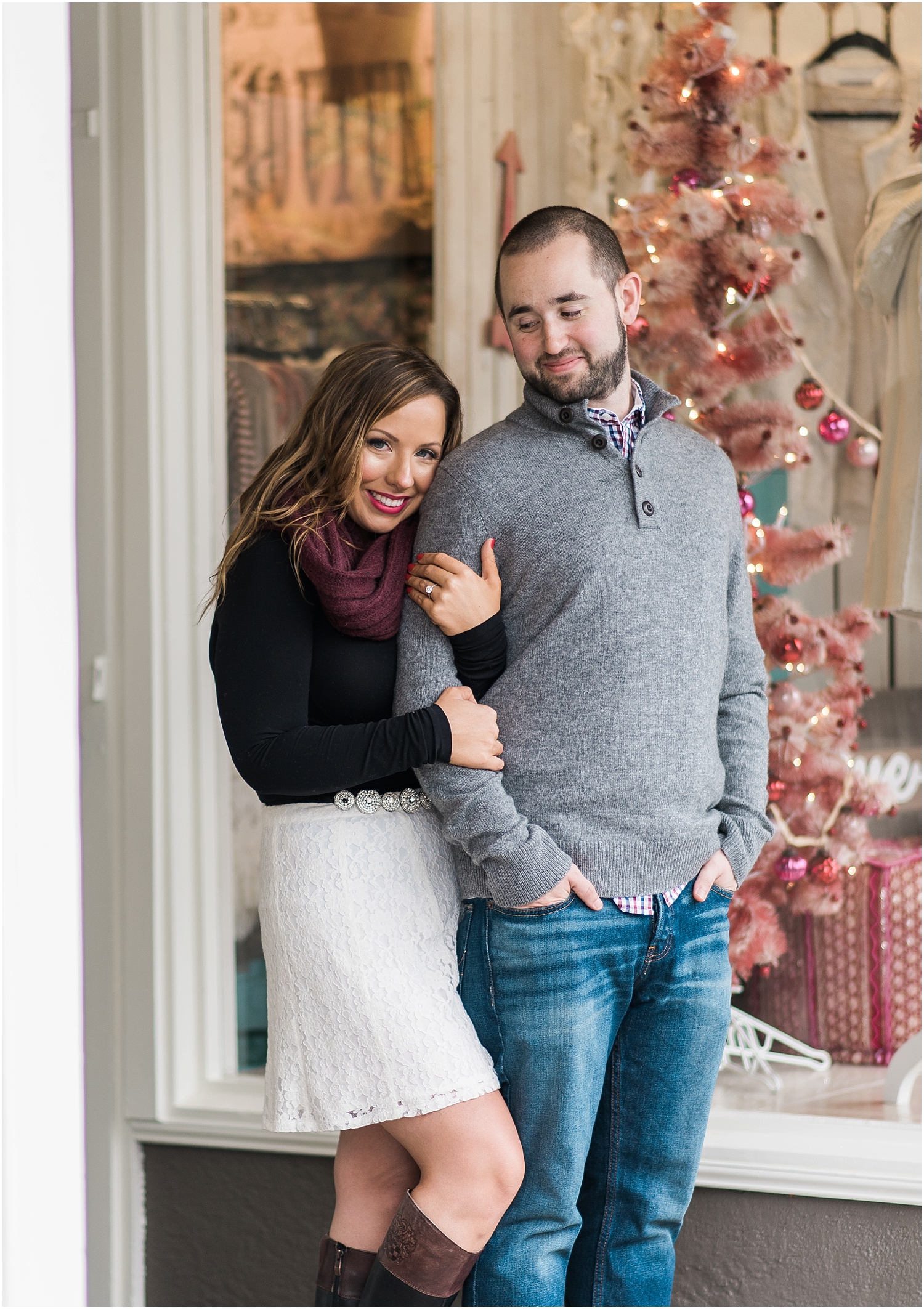 Downtown Historic Snohomish Rainy Fall Winter Christmas Light Engagement. Fall Foliage. Bride and Groom. 