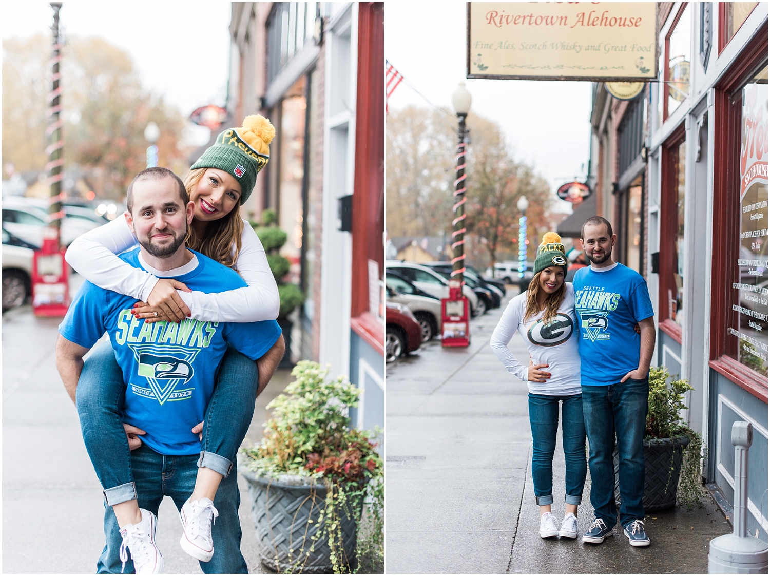 Downtown Historic Snohomish Rainy Fall Winter Christmas Light Engagement. Fall Foliage. Bride and Groom. 