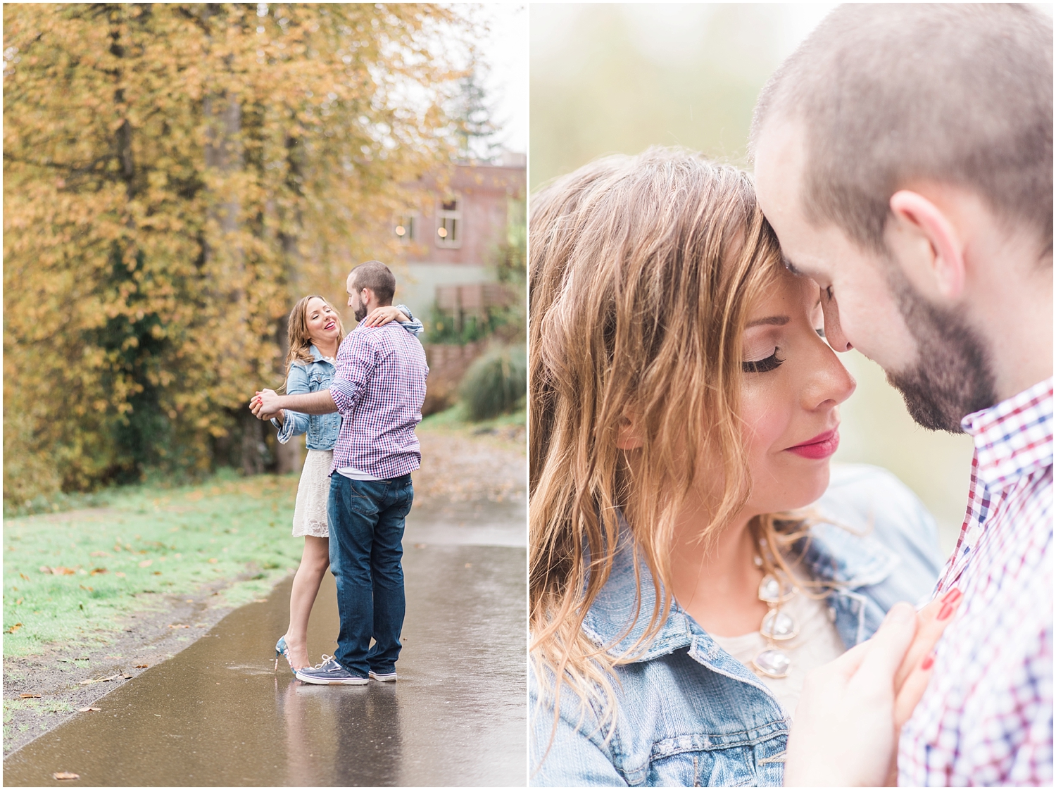 Downtown Historic Snohomish Rainy Fall Winter Christmas Light Engagement. Fall Foliage. Bride and Groom. 