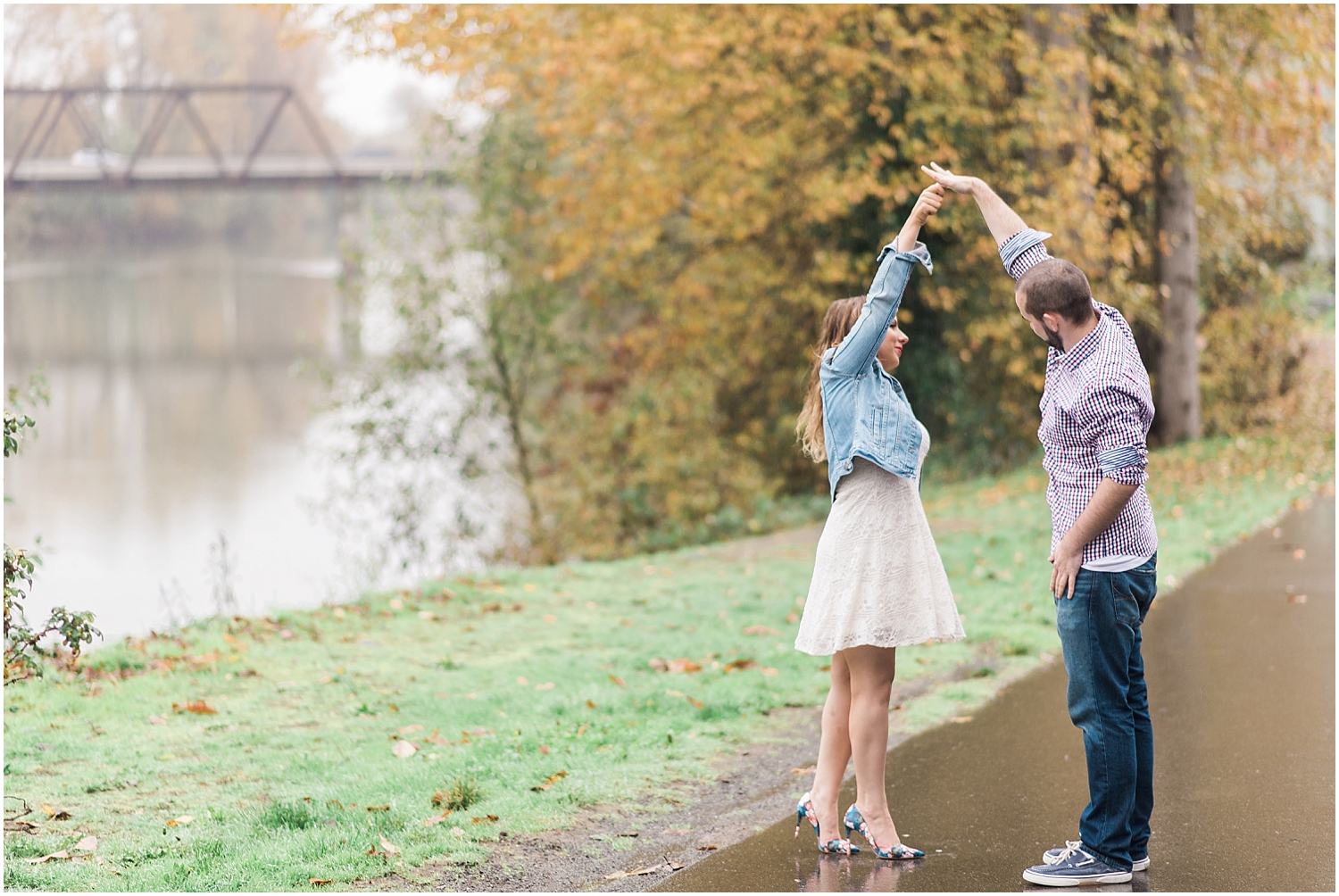 Downtown Historic Snohomish Rainy Fall Winter Christmas Light Engagement. Fall Foliage. Bride and Groom. 