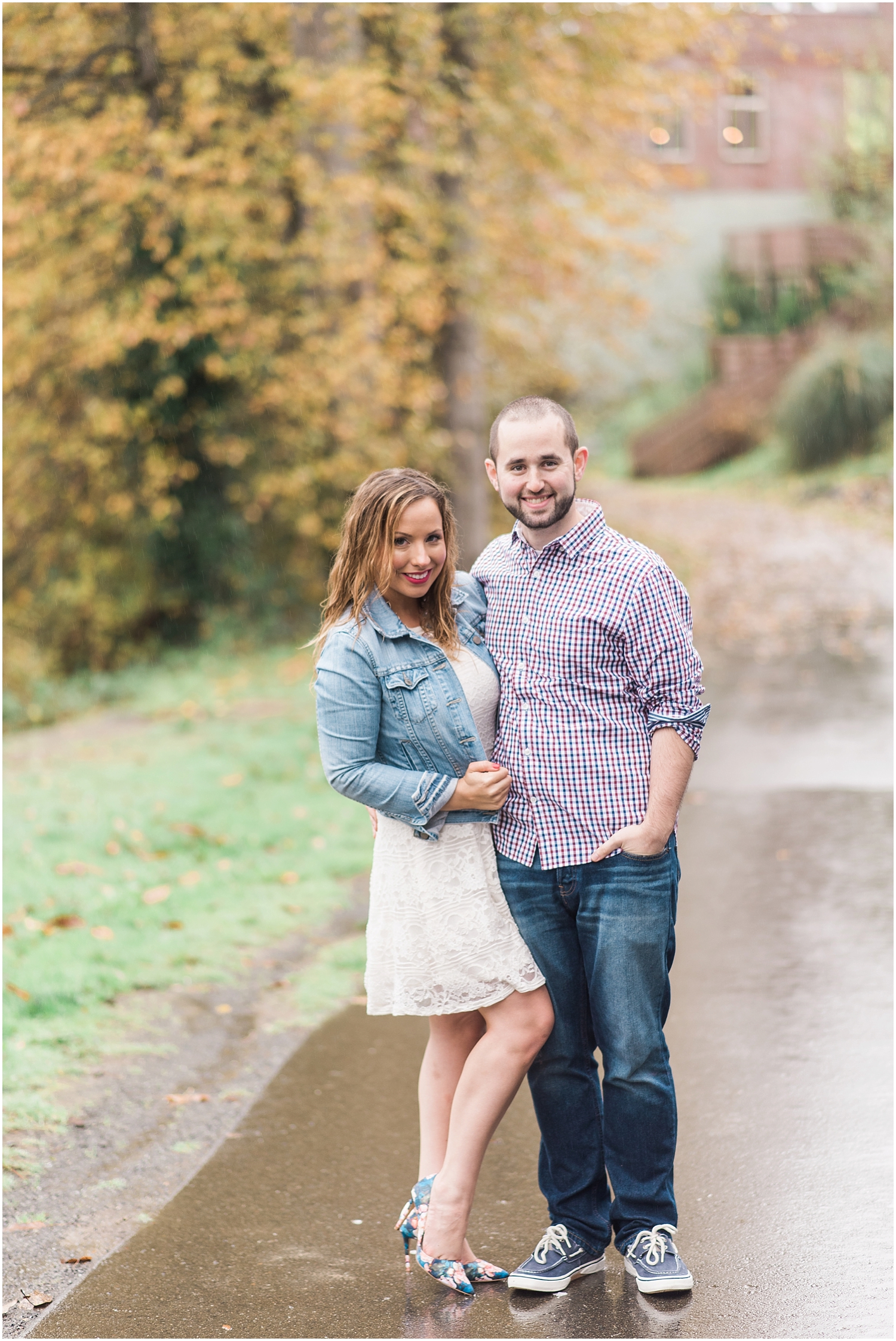 Downtown Historic Snohomish Rainy Fall Winter Christmas Light Engagement. Fall Foliage. Bride and Groom. 