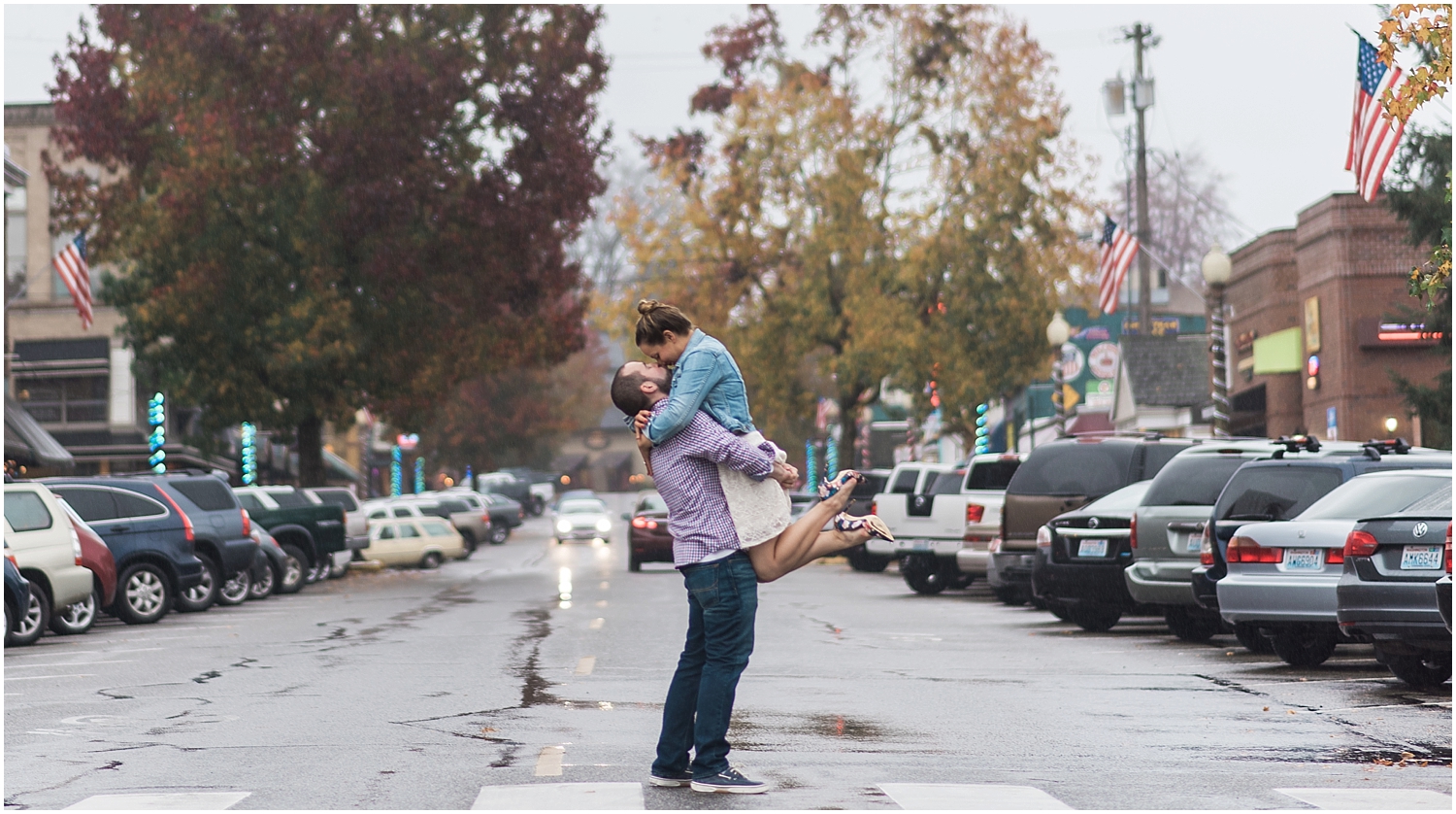 Downtown Historic Snohomish Rainy Fall Winter Christmas Light Engagement. Fall Foliage. Bride and Groom. 