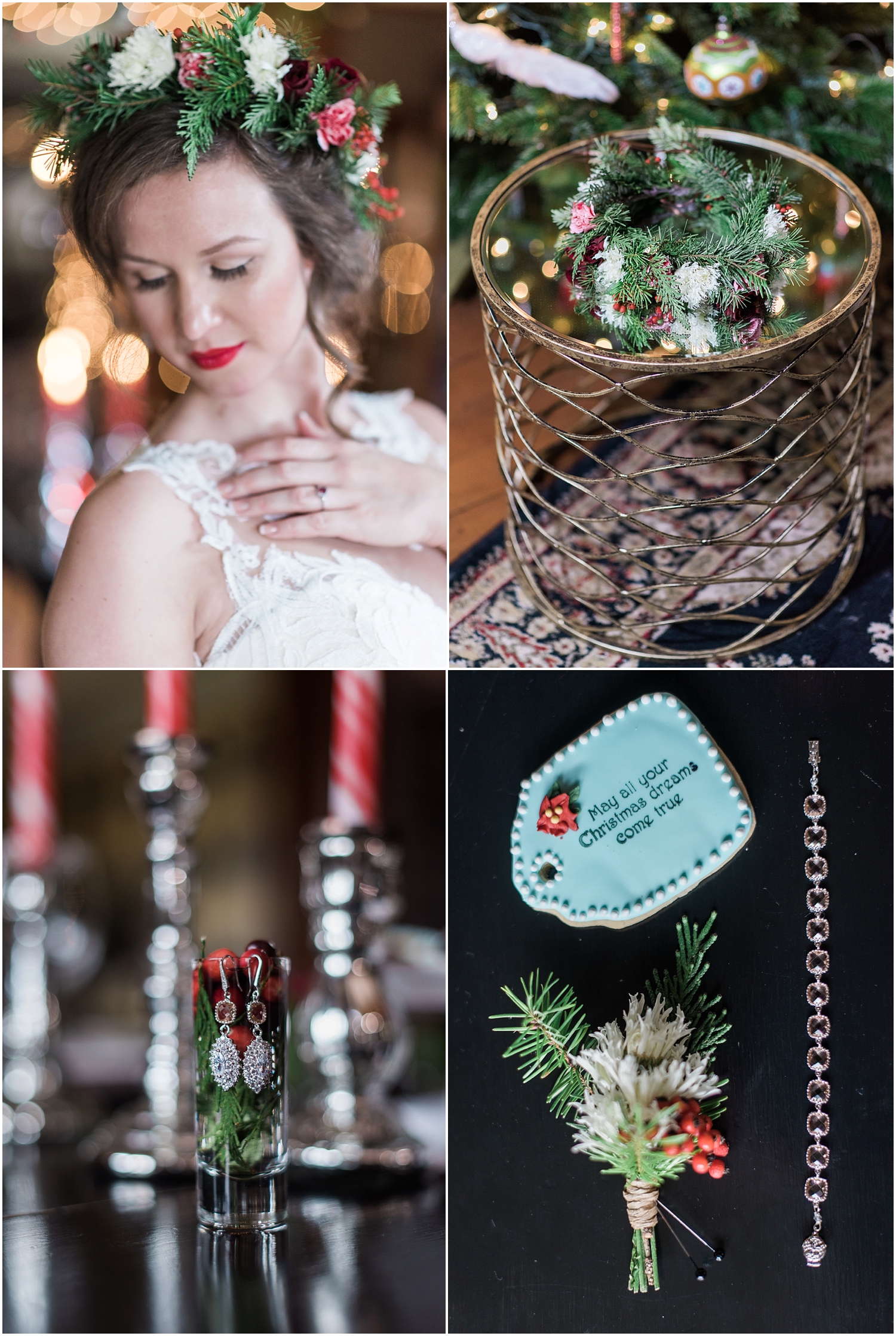 Intimate Christmas Wedding at home. Christmas cookies from Ciao Thyme. Alicia's bridal high lo gown. Black Chandelier. Flower Crown by Bella Fiori. Vintage Ecletic Decor. 