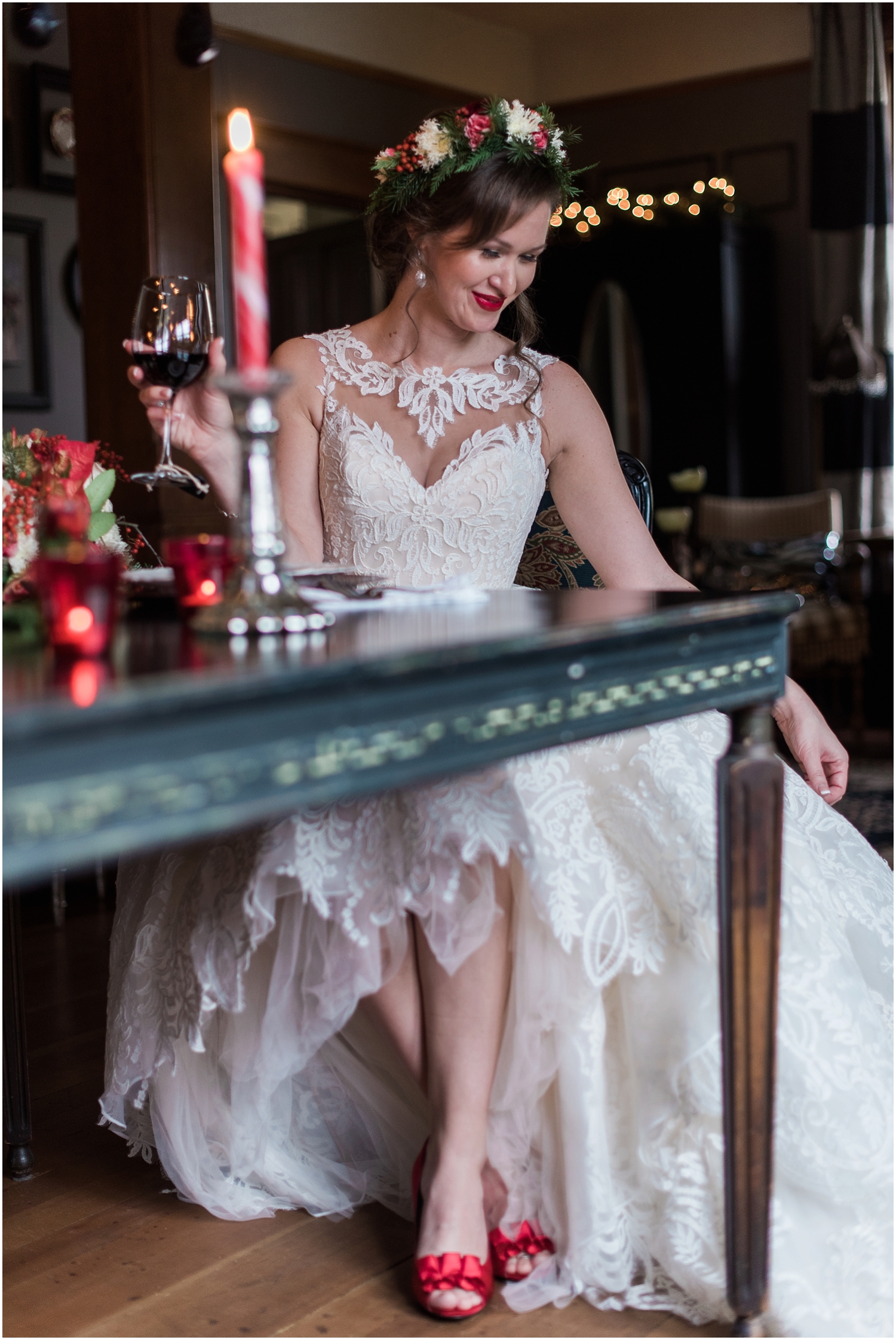 Intimate Christmas Wedding at home. Christmas cookies from Ciao Thyme. Alicia's bridal high lo gown. Black Chandelier. Flower Crown by Bella Fiori. Vintage Ecletic Decor. 