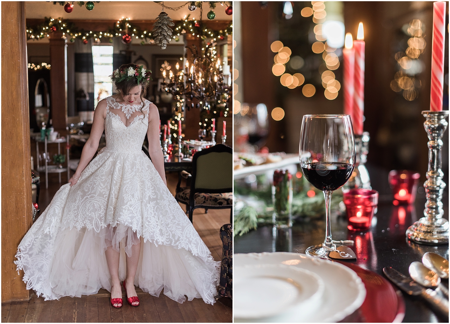 Intimate Christmas Wedding at home. Christmas cookies from Ciao Thyme. Alicia's bridal high lo gown. Black Chandelier. Flower Crown by Bella Fiori. Vintage Ecletic Decor. 