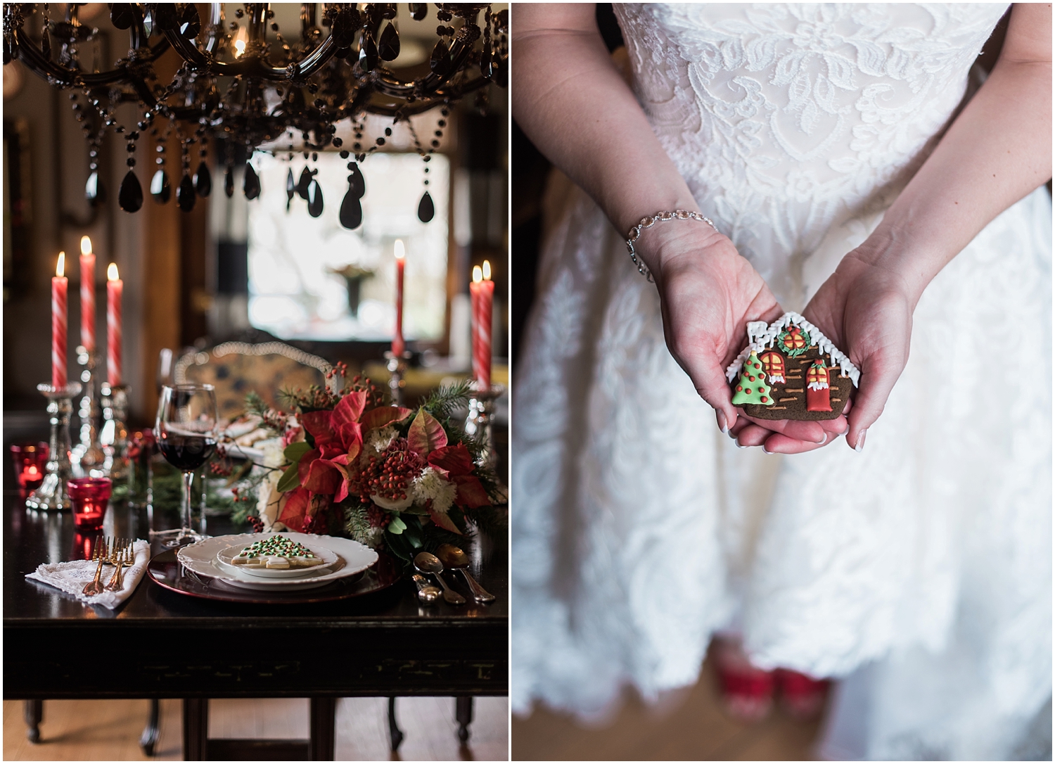 Intimate Christmas Wedding at home. Christmas cookies from Ciao Thyme. Alicia's bridal high lo gown. Black Chandelier. Flower Crown by Bella Fiori. Vintage Ecletic Decor. 