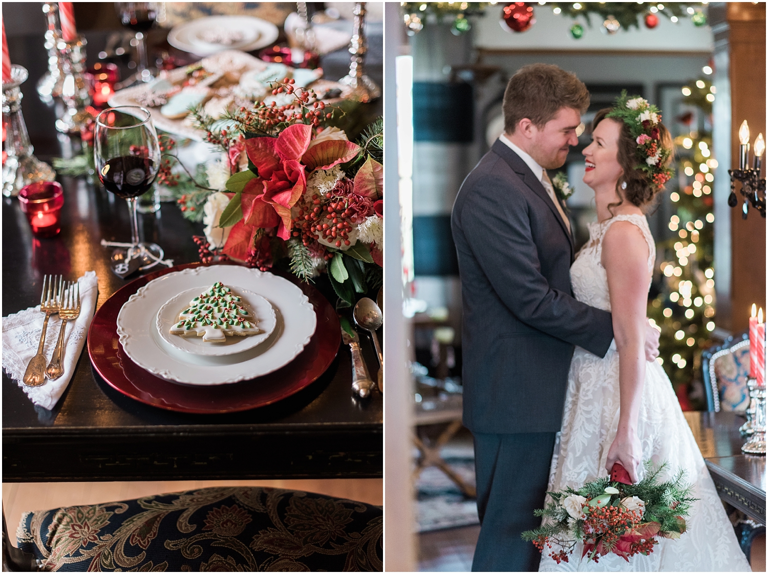 Intimate Christmas Wedding at home. Christmas cookies from Ciao Thyme. Alicia's bridal high lo gown. Black Chandelier. Flower Crown by Bella Fiori. Vintage Ecletic Decor. 