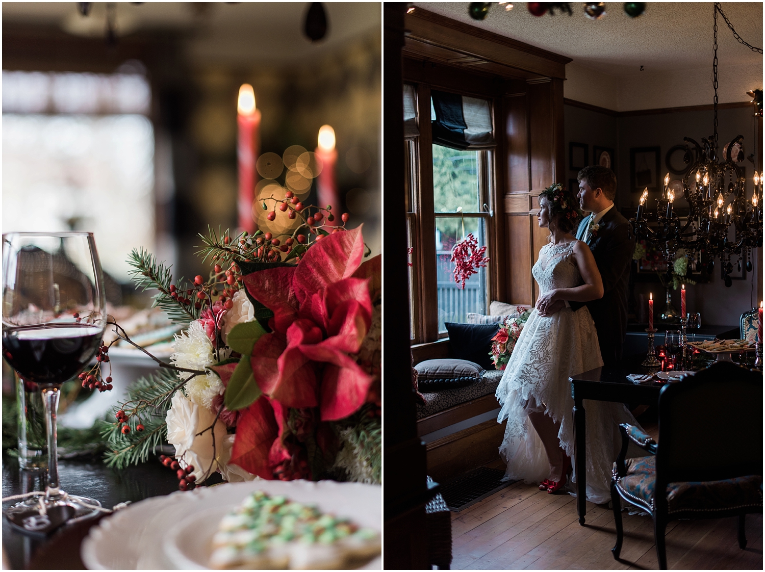 Intimate Christmas Wedding at home. Christmas cookies from Ciao Thyme. Alicia's bridal high lo gown. Black Chandelier. Flower Crown by Bella Fiori. Vintage Ecletic Decor. 