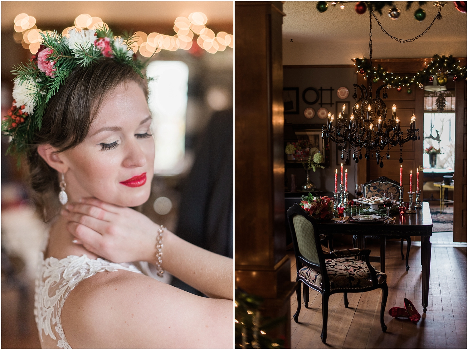 Intimate Christmas Wedding at home. Christmas cookies from Ciao Thyme. Alicia's bridal high lo gown. Black Chandelier. Flower Crown by Bella Fiori. Vintage Ecletic Decor. 