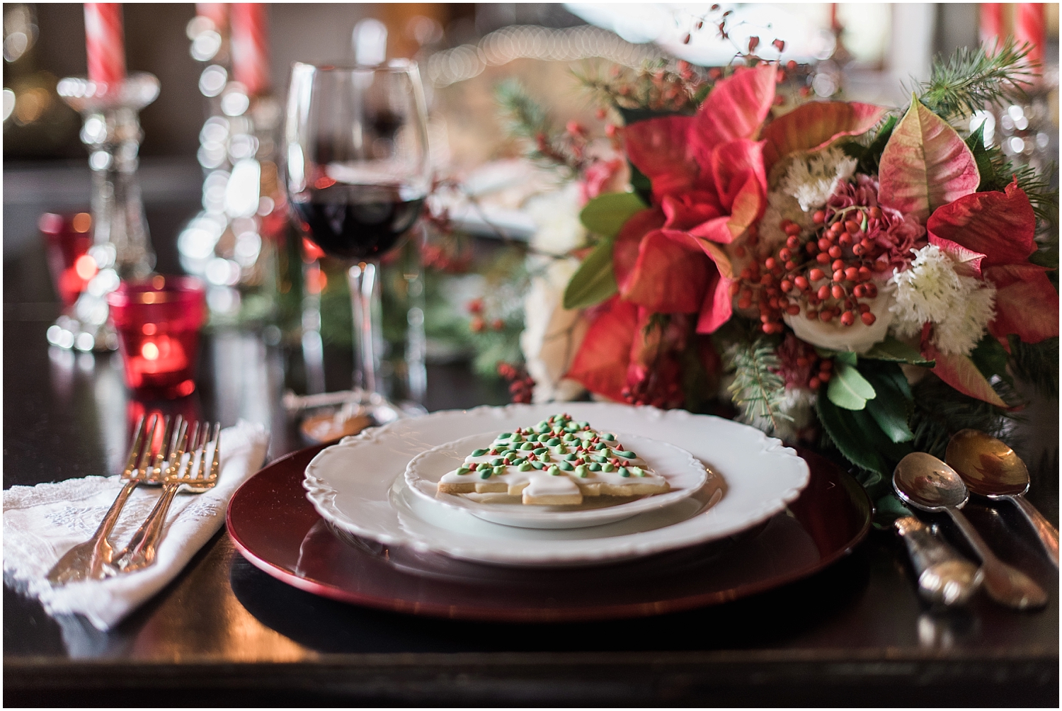 Intimate Christmas Wedding at home. Christmas cookies from Ciao Thyme. Alicia's bridal high lo gown. Black Chandelier. Flower Crown by Bella Fiori. Vintage Ecletic Decor. 